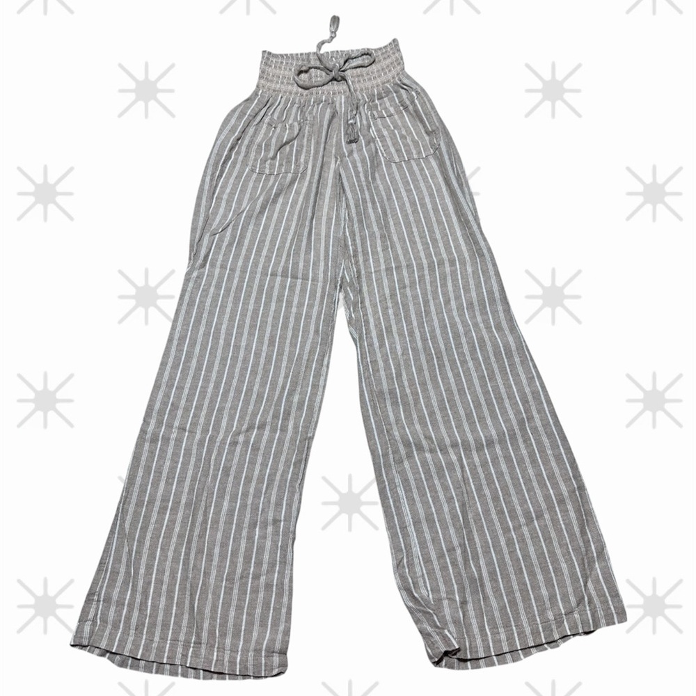 Linen blend striped wide leg pants size small high waist smocked waistband boho